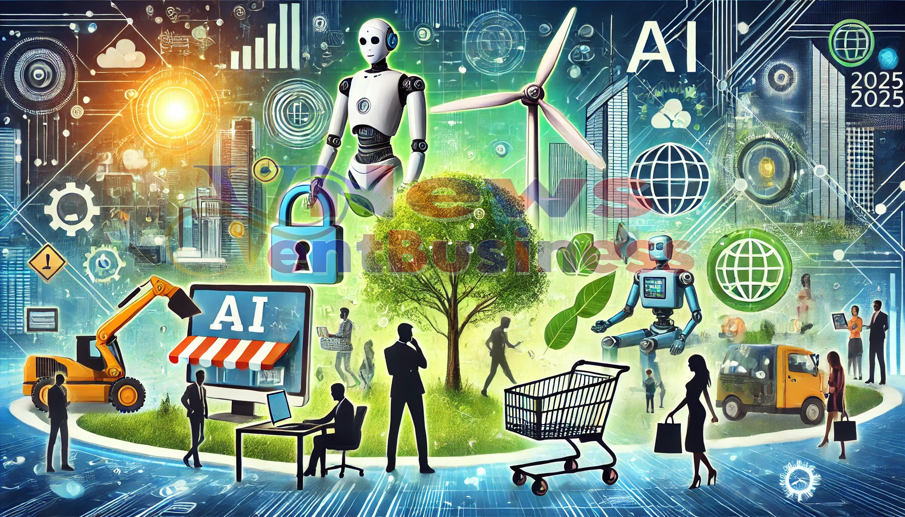 Ilustrasi peluang bisnis tahun 2025 menampilkan elemen utama seperti robot AI yang melambangkan teknologi kecerdasan buatan, turbin angin sebagai simbol bisnis ramah lingkungan, keranjang belanja untuk e-commerce, serta orang-orang yang bekerja secara kolaboratif di lingkungan berbasis teknologi. Latar belakang kota futuristik dengan tema digital dan keberlanjutan mencerminkan inovasi dan tren bisnis yang akan bersinar di tahun 2025, sesuai dengan isi artikel yang membahas peluang bisnis modern dan relevan.